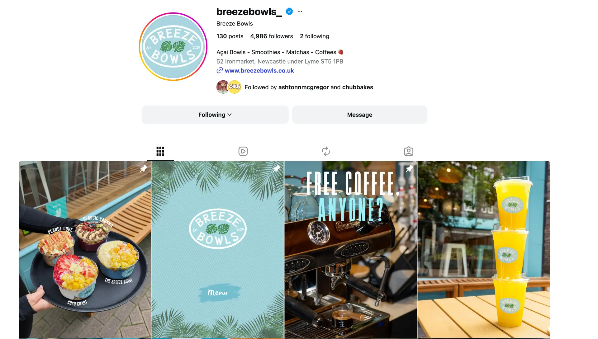 Breeze Bowls Instagram profile showing follower growth and branded content